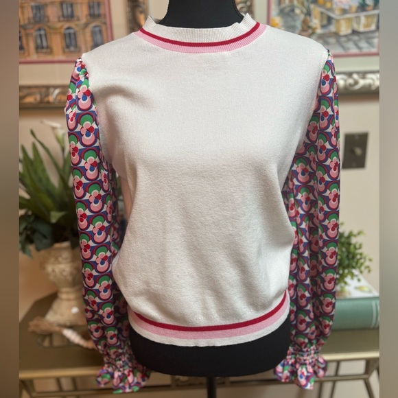 FATE Anthropologie Crew Neck White Sweater with Silky Patterned Sleeves Sz M - Picture 3 of 12